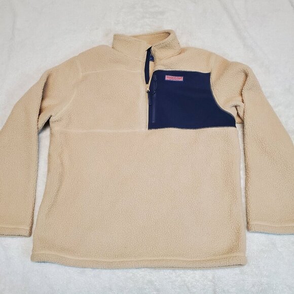 Vineyard Vines 1/4 Zip Light Tan Teddy Plush Sherpa Pullover Sweater Women Large - Picture 1 of 9